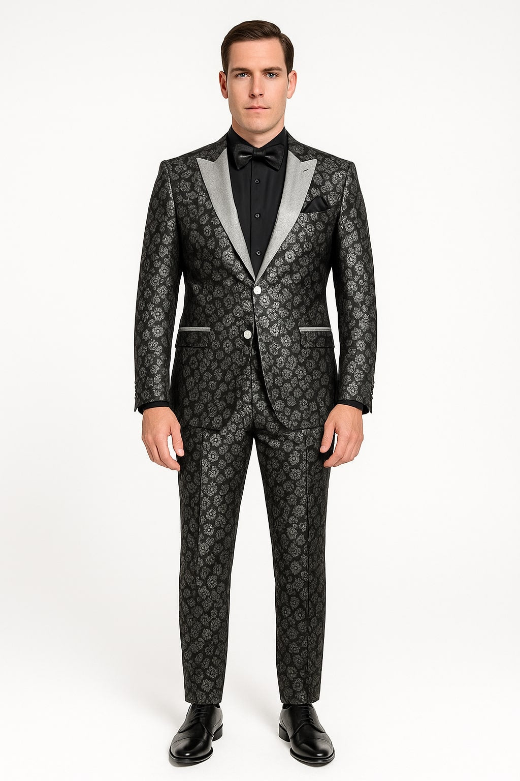 Black and Silver Floral Tuxedo Suit for Men – Luxury Two-Piece Formal Suit with Satin Lapel and Bow Tie - 34 Short or Extra Small