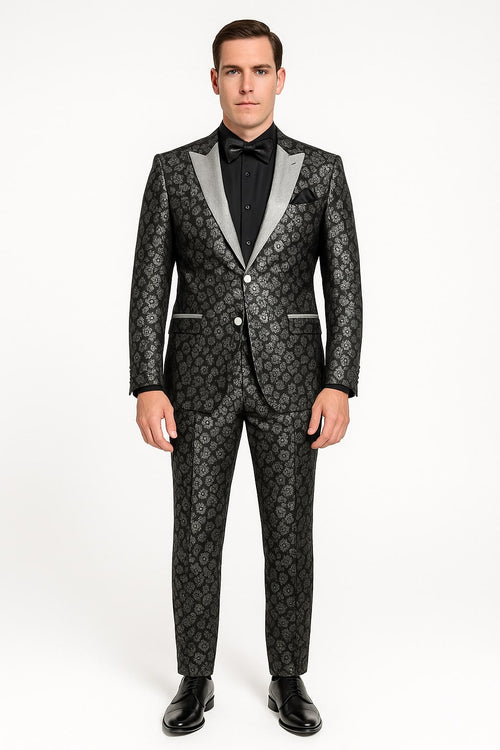 Black and Silver Floral Tuxedo Suit for Men Luxury Two-Piece Formal Suit with Satin Lapel and Bow Tie