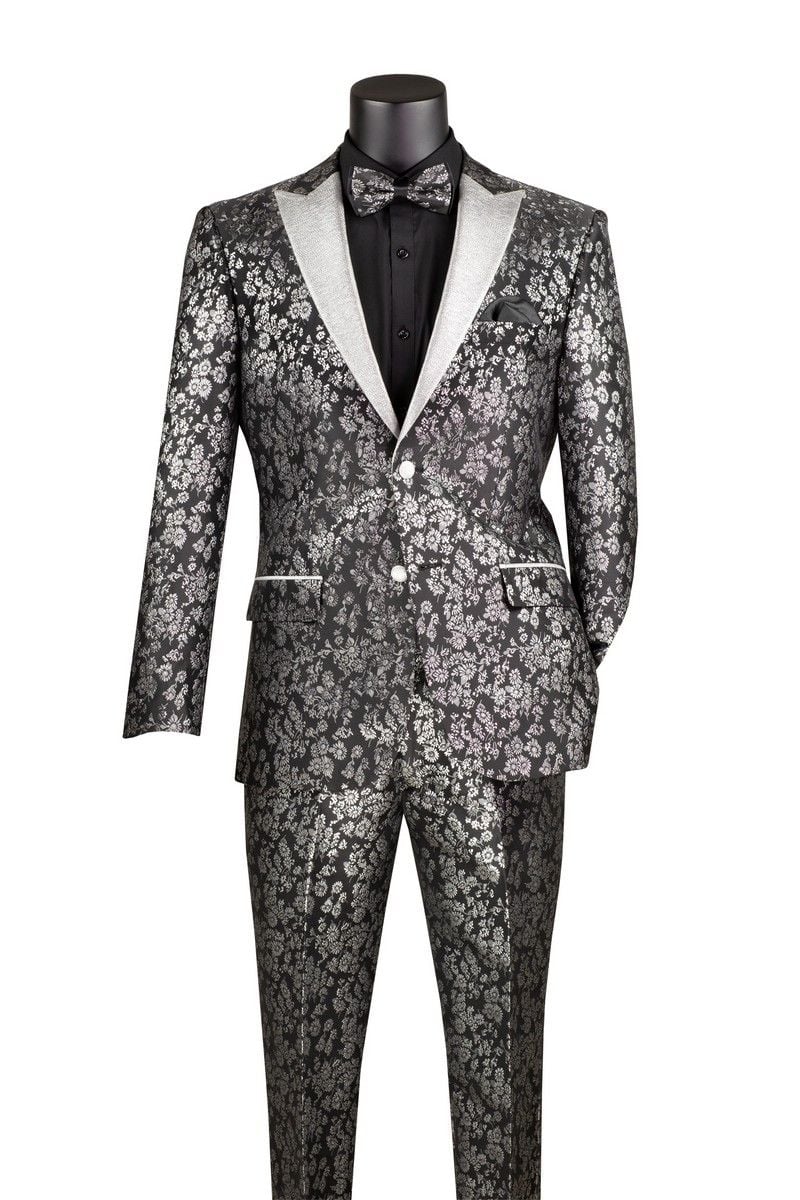 Black and Silver Floral Tuxedo Suit for Men – Luxury Two-Piece Formal Suit with Satin Lapel and Bow Tie - 34 Short or Extra Small