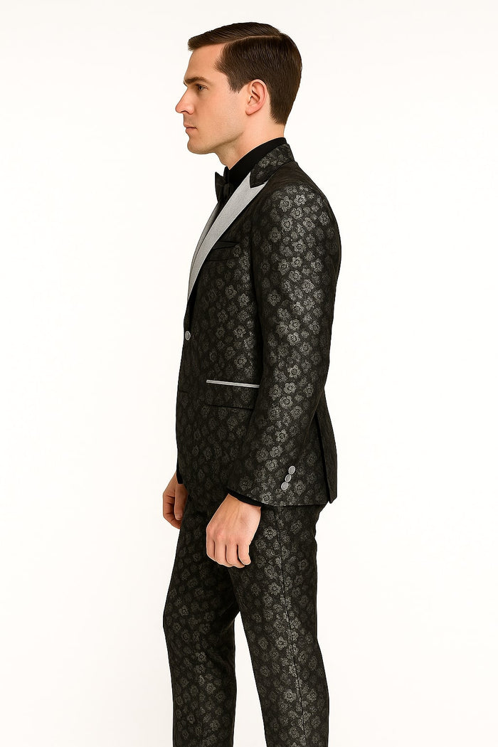 Black and Silver Floral Tuxedo Suit for Men Luxury Two-Piece Formal Suit with Satin Lapel and Bow Tie