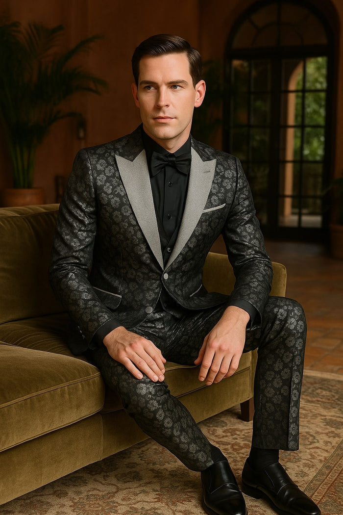 Black and Silver Floral Tuxedo Suit for Men Luxury Two-Piece Formal Suit with Satin Lapel and Bow Tie