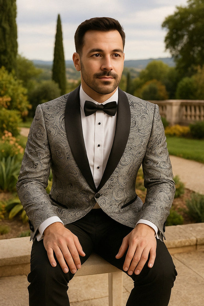 Mens Black and Silver Paisley Tuxedo with Satin Lapel and Bow Tie Formal Party Suit