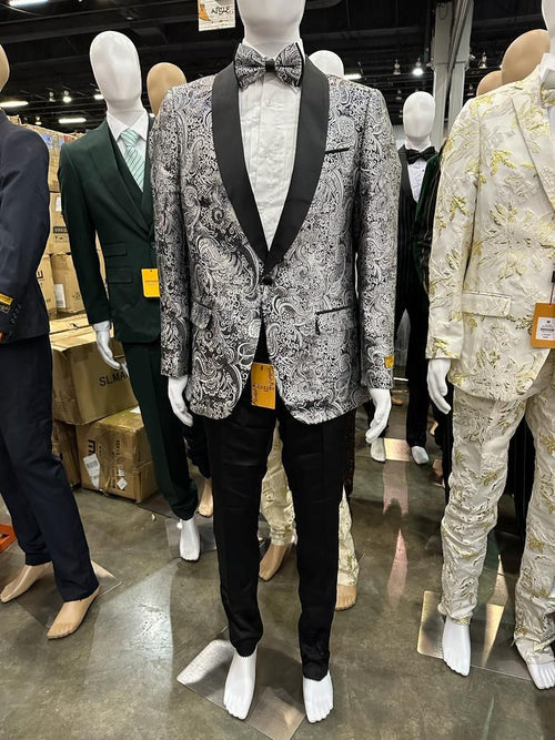 Mens Black and Silver Paisley Tuxedo with Satin Lapel and Bow Tie Formal Party Suit