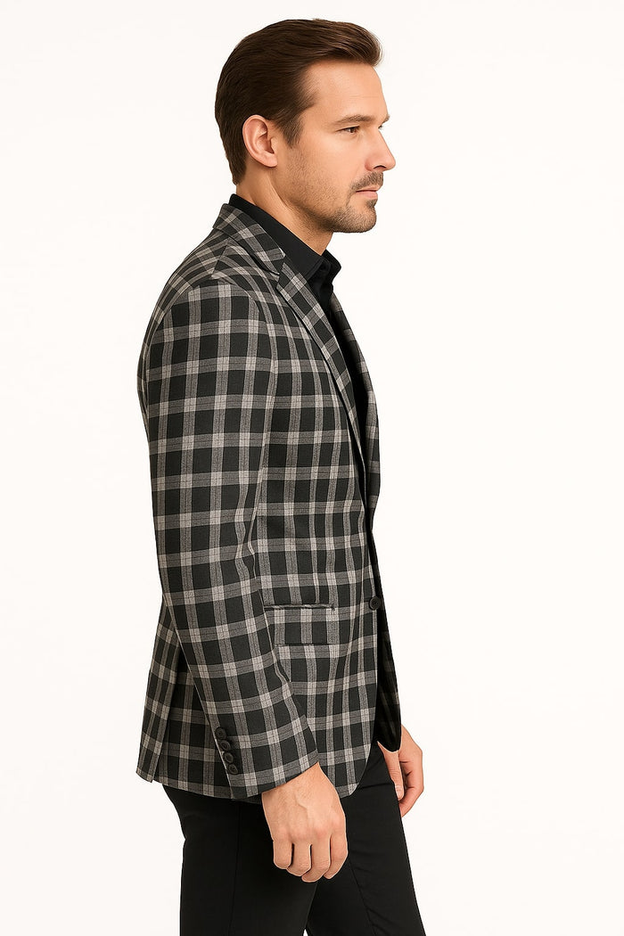 Mens Black and White Plaid Blazer Modern Fit Checkered Windowpane Pattern Business Sport Coat