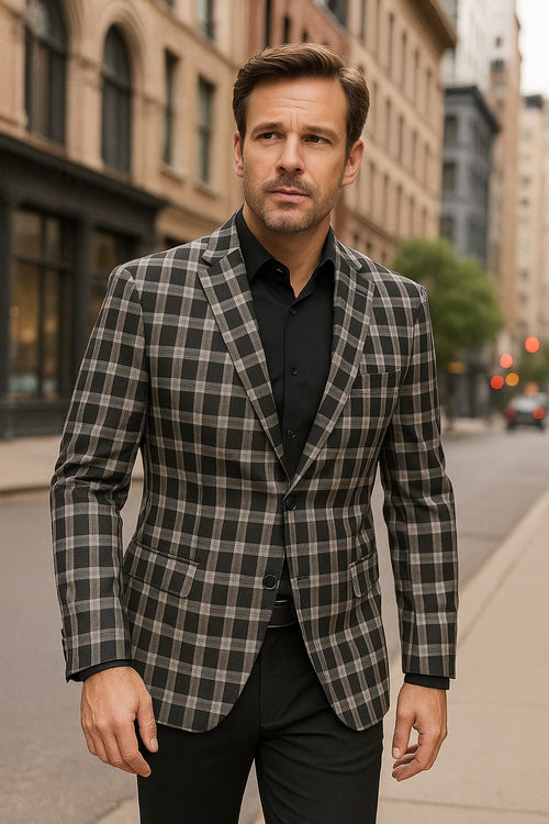 Mens Black and White Plaid Blazer Modern Fit Checkered Windowpane Pattern Business Sport Coat