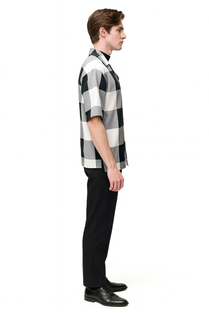 Mens Black and White Checkered Short Sleeve Shirt Set Casual Two-Piece Summer Outfit