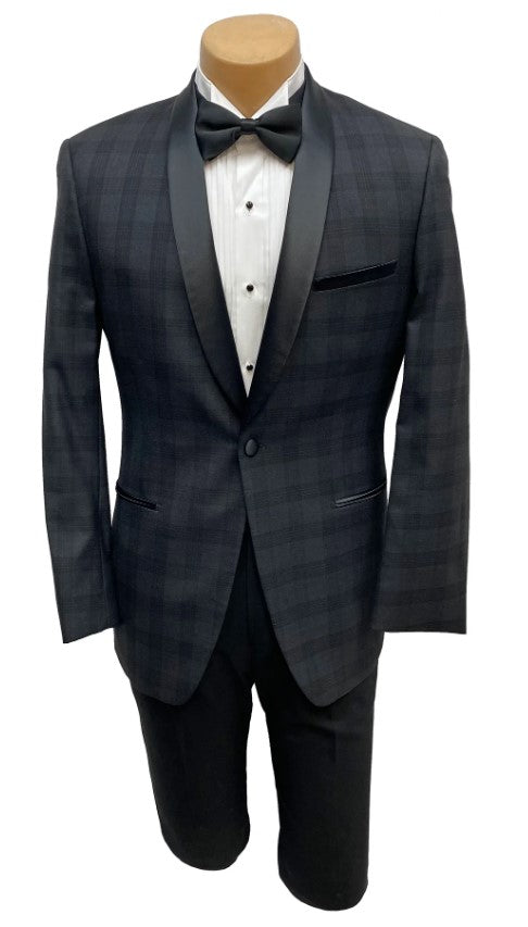 Mens Black Plaid Tuxedo Jacket Slim Fit Black with Grey Plaid Pattern Tuxedo - Coat Size 38