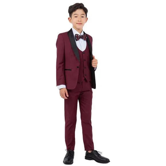 New Stacy Adams Boys Burgundy Tuxedo Set, 5-Piece Black Shawl Collar