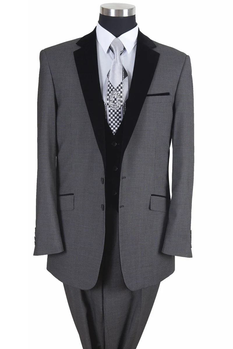 Mens Vested 2 Button Suit with Black Velvet Collar and Vest in Grey