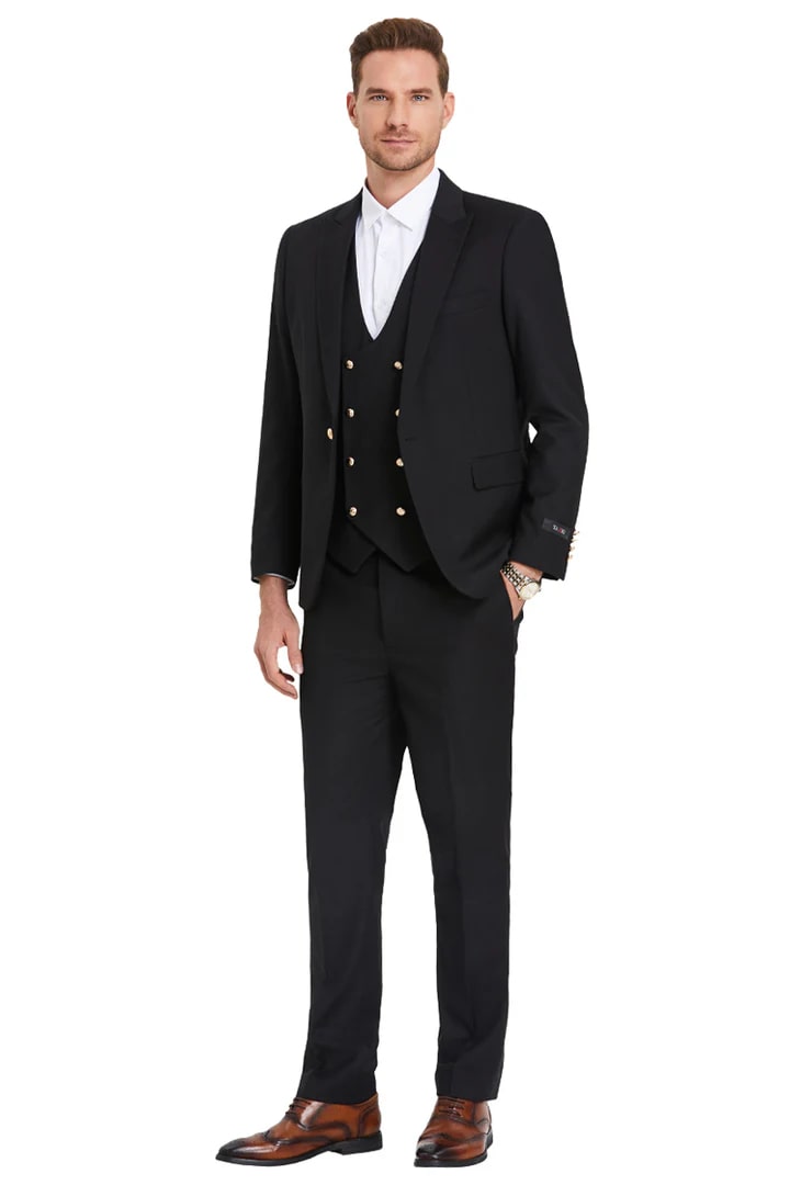 Cheap priced Suit - Men's One Button Peak Lapel Vested Black Suit With Gold Buttons - 38 Short Jacket+32 Waist Adjustable 28to34)(Height: 5 4 to5 7 )(Neck  15-16.5)S-M)