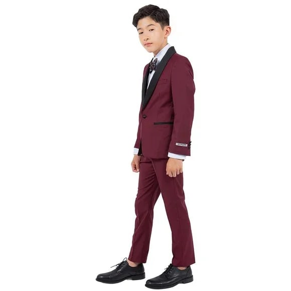 New Stacy Adams Boys Burgundy Tuxedo Set, 5-Piece Black Shawl Collar