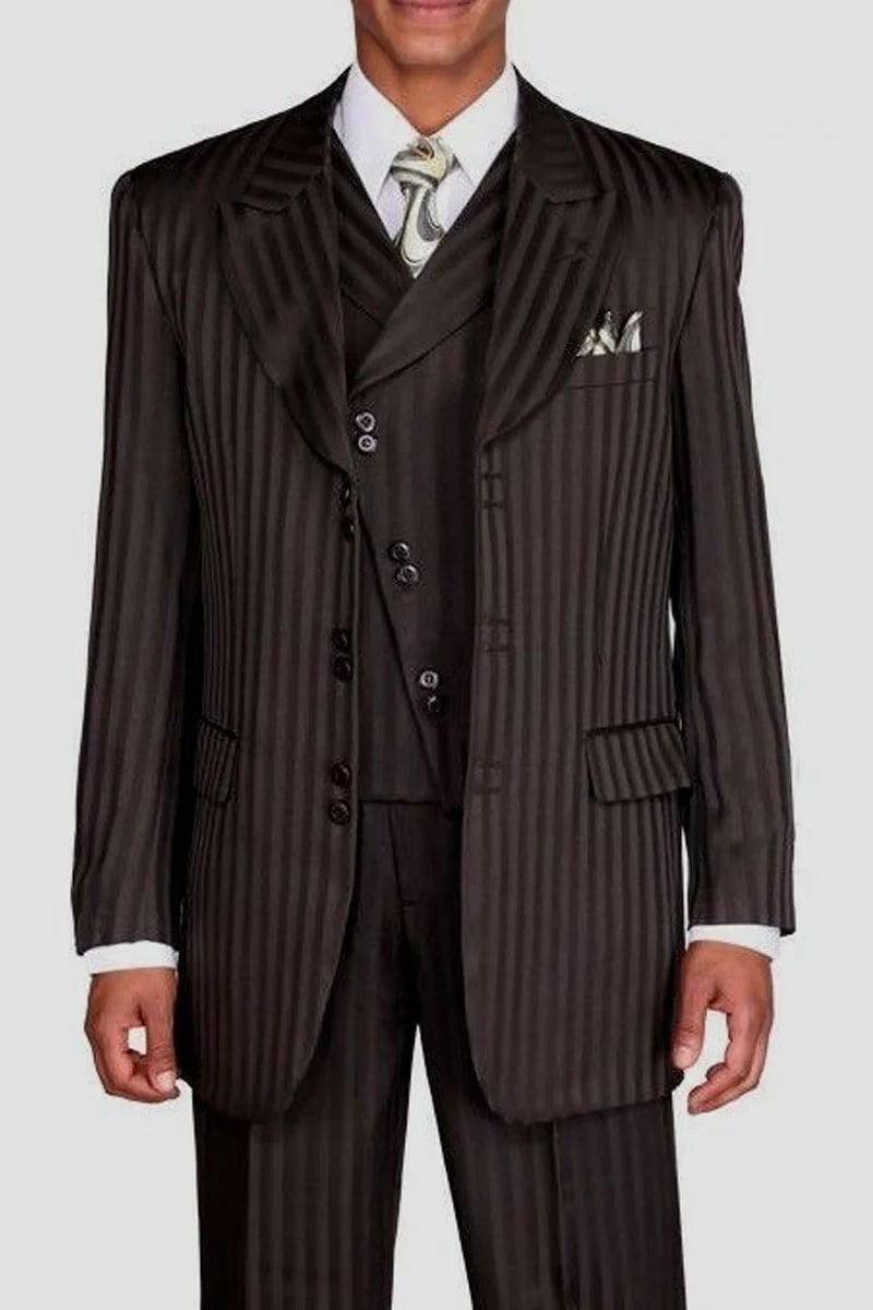 Mens Vested Wide Peak Lapel Ton on Ton Stripe Fashion Suit in Black