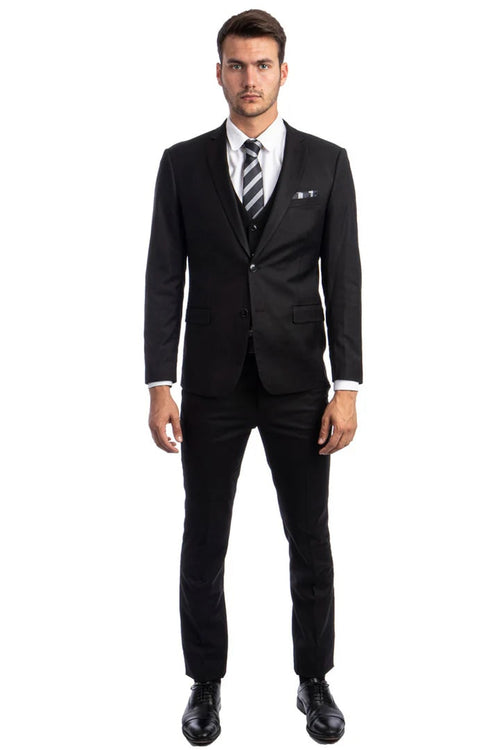 Cheap Priced Suit - Men's Two Button Slim Fit Vested Solid Basic Black Suit