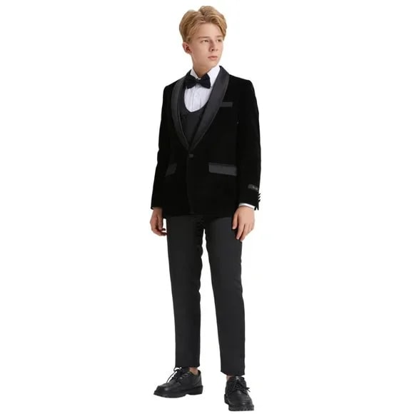 5pc Black Boys Velvet Tuxedo Includes Bowtie Slim Fit by Tazio