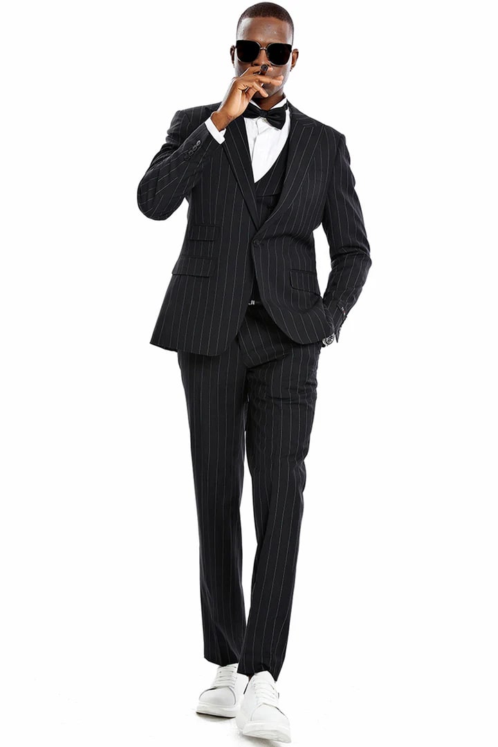 Cheap Suit - Men's One Button Vested Wide Peak Lapel Bold Gangster Pinstripe Black Suit