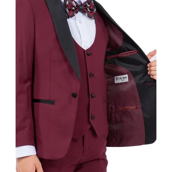 New Stacy Adams Boys Burgundy Tuxedo Set, 5-Piece Black Shawl Collar