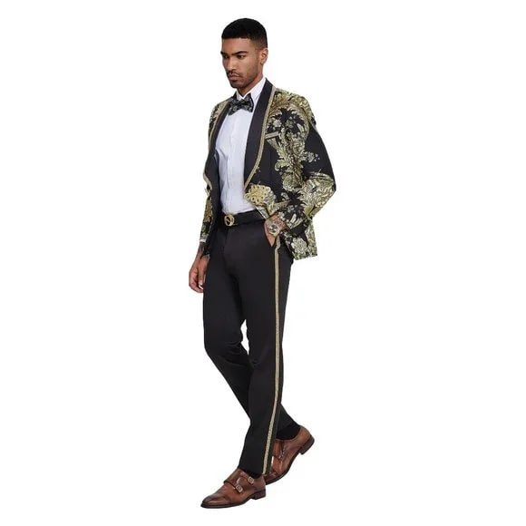 2025 Prom 2025 Special Black Paisley 2pc Mens Suit by Tazzio - 38 Short Jacket+32 Waist Adjustable 28to34)(Height: 5 4 to5 7 )(Neck  15-16.5)S-M)