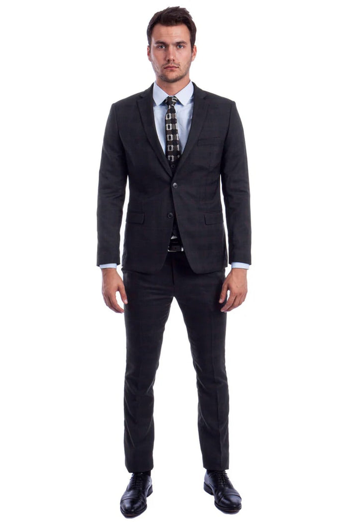 Cheap Priced Suit - Men's Two Button Vested Skinny Fit Suit With Low Cut Vest In Black Plaid