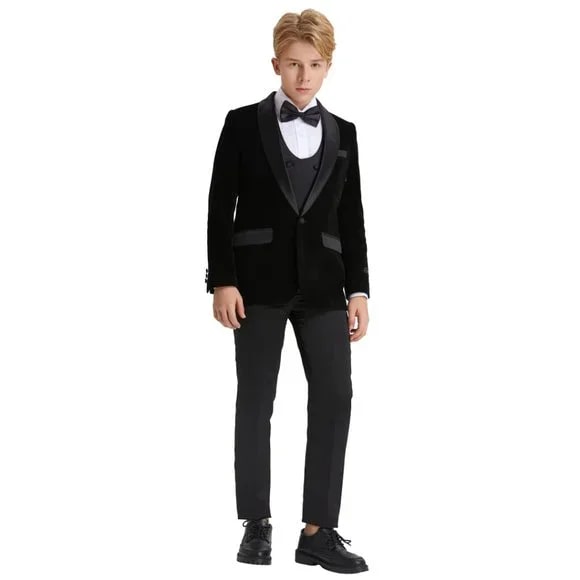 5pc Black Boys Velvet Tuxedo Includes Bowtie Slim Fit by Tazio