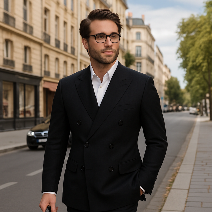 Wool Suit - Italian Made Business Suit by Statement Men's 100% Wool 2 Piece Double Breasted Suit - Subtle Windowpane