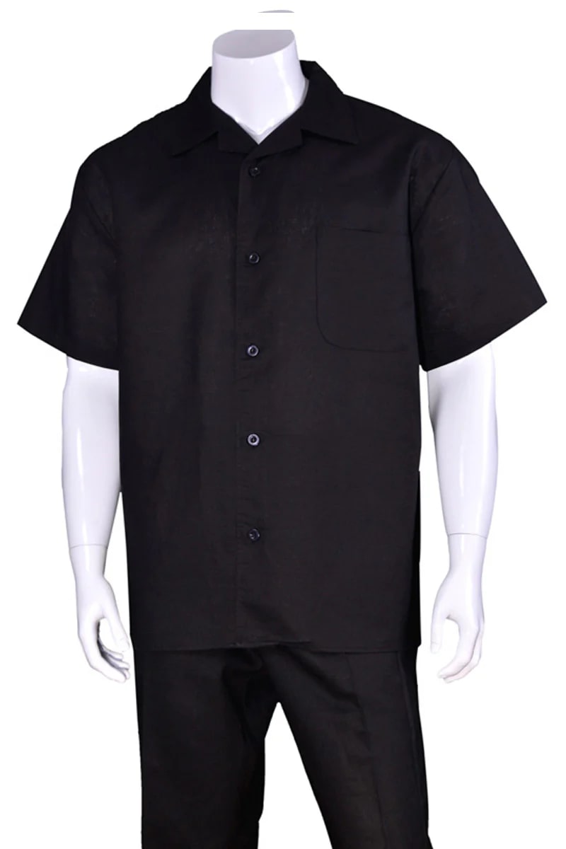 Mens Short Sleeve 100% Linen Casual Leisure Set Walking Suit in Black - S