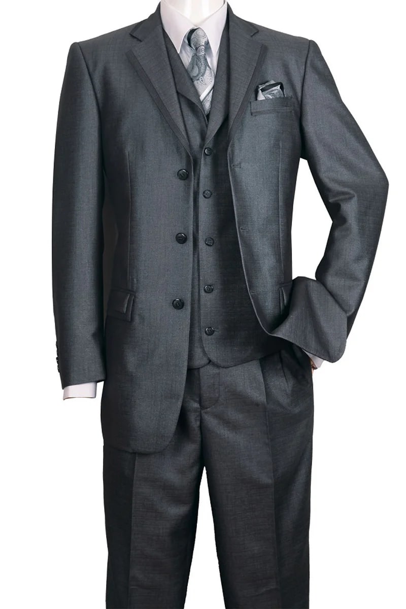 Mens 3 Button Vested Fashion Suit with Lapel Trim in Black