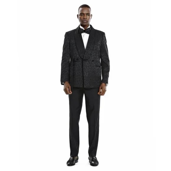 Knot Side Textured Paisley 2pc Tuxedo, Black - 38 Short Jacket+32 Waist Adjustable 28to34)(Height: 5 4 to5 7 )(Neck  15-16.5)S-M)