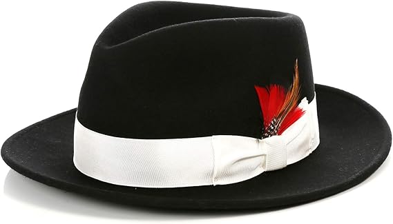 Gangster 100% Austrailian Wool Crushable Mens Fedora Hat - Removable Feather Gangster  Black/White Mens Fedora Hat - Small