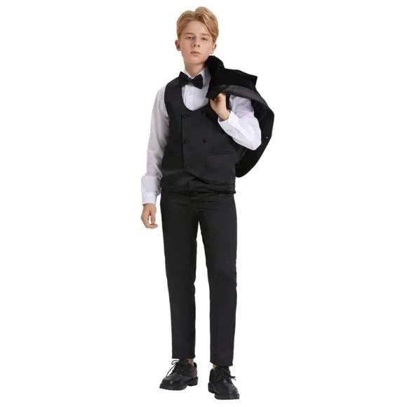 5pc Black Boys Velvet Tuxedo Includes Bowtie Slim Fit by Tazio