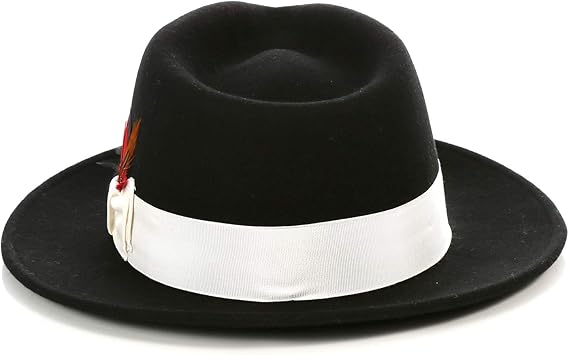 Gangster 100% Austrailian Wool Crushable Mens Fedora Hat - Removable Feather Gangster  Black/White Mens Fedora Hat - Small