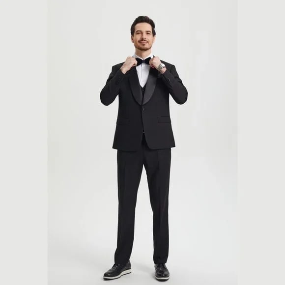 Stacy Adams 3pc Tuxedo Shawl Lapel, Black - 38 Short Jacket+32 Waist Adjustable 28to34)(Height: 5 4 to5 7 )(Neck  15-16.5)S-M)