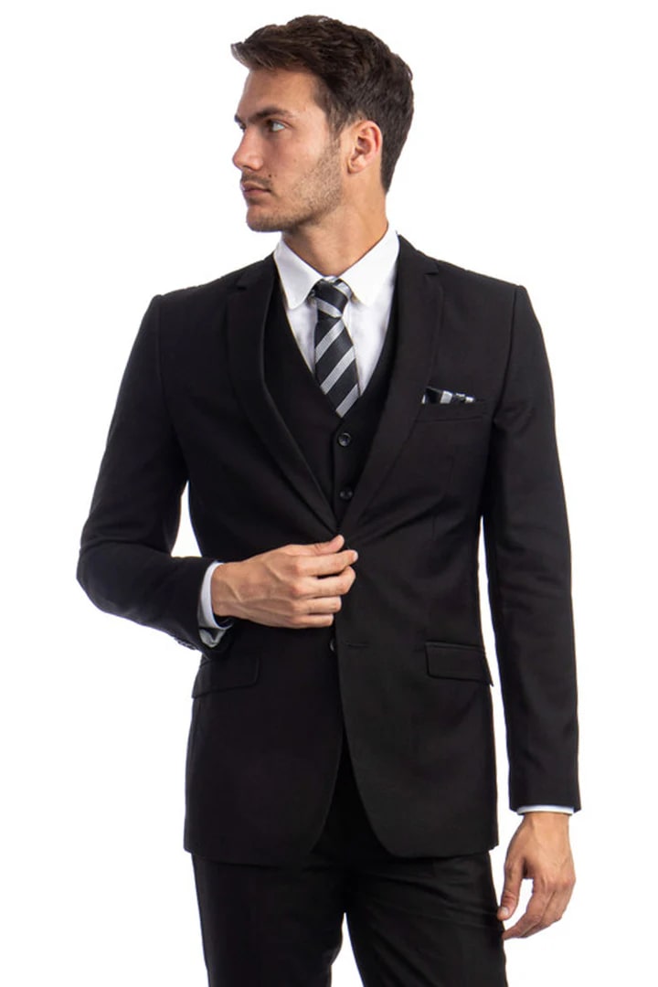 Cheap Suit - Men's Two Button Basic Hybrid Fit Vested Black Suit