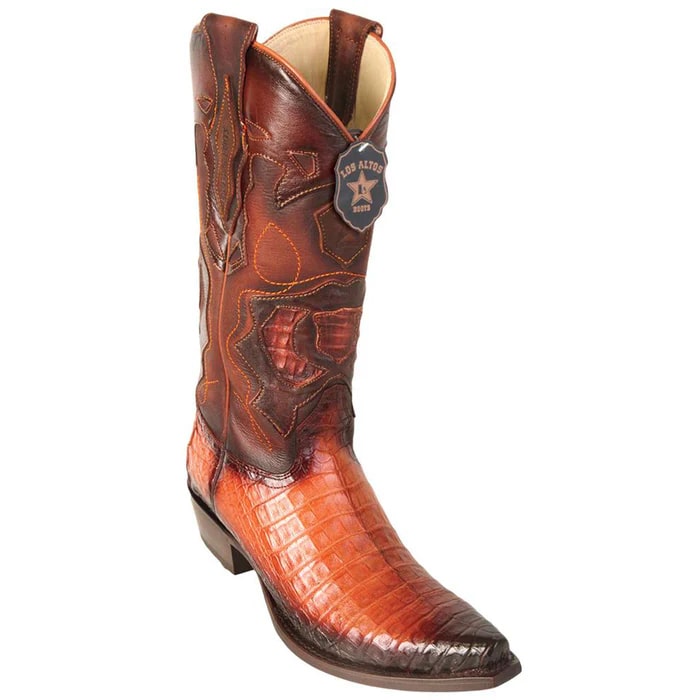 Los Altos Boots - Mens Dress Cowboy Boot - Low Priced  Faded Cognac Caiman Snip Toe Cowboy Boot- in Cognac - 6