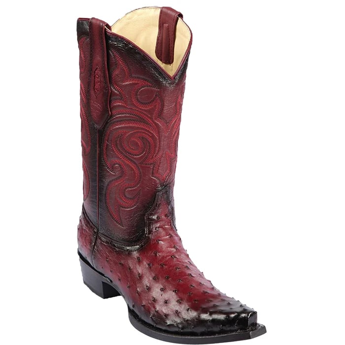 Los Altos Boots - Mens Dress Cowboy Boot - Low Priced Western Ostrich Leather Boots- in Burgundy - 6