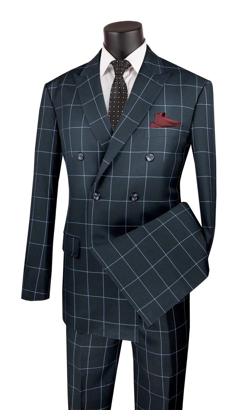 Black Modern Fit Double Breasted Windowpane Peak Lapel 2 Piece Suit - 38 Short - 32 Waist