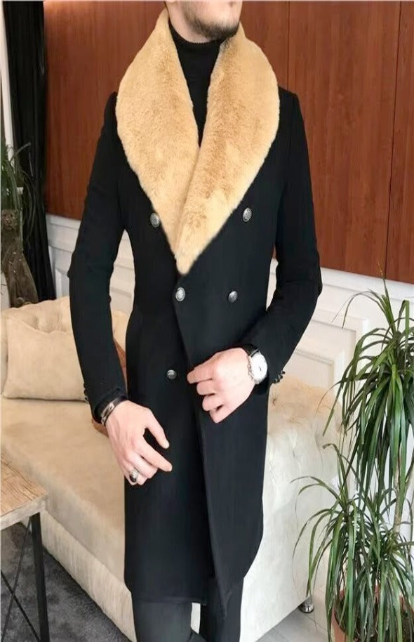 Mens Pea Coat With Fur Collar Coat - Wool and Cashmere Fabric Carcoat - Top Coat For Men black Color  Fur Overcoat