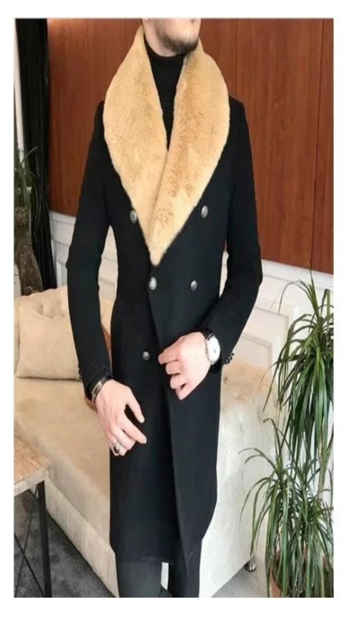 Mens Pea Coat With Fur Collar Coat - Wool and Cashmere Fabric Carcoat - Top Coat For Men black Color  Fur Overcoat - S
