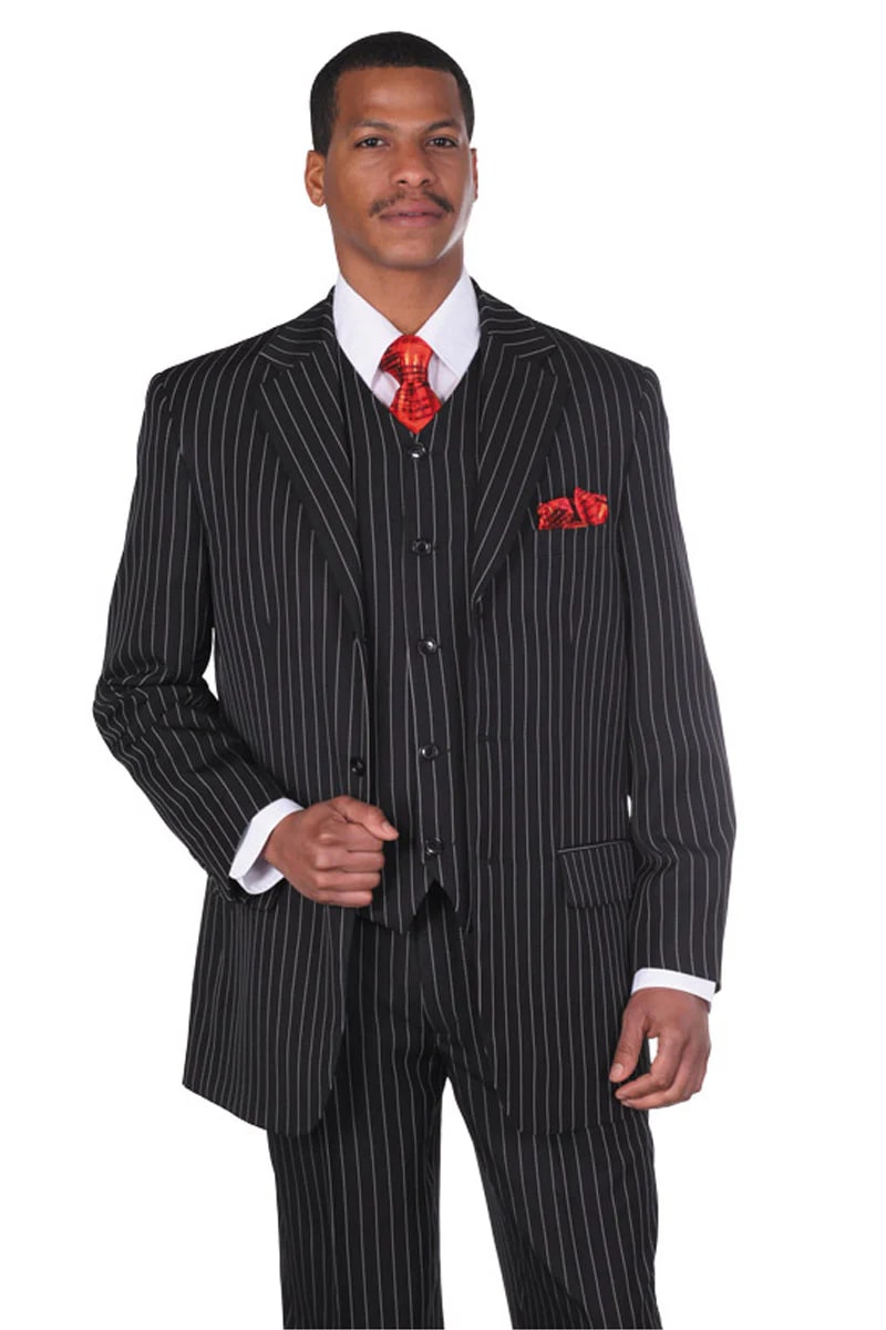 Mens 3 Button Vested 1920's Gangster Pinstripe Suit in Black Pintripe