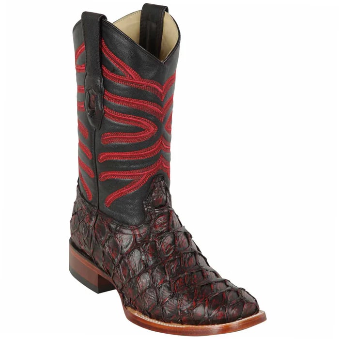Los Altos Boots - Mens Dress Cowboy Boot - Low Priced Black Cherry Pirarucu Boots- in Black   Cherry - 6