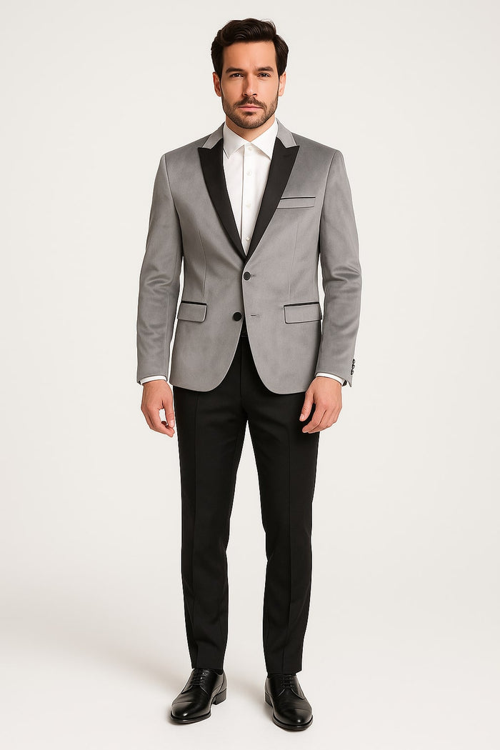 Men's Grey Velvet Tuxedo Jacket with Black Satin Lapel Suit â€“ Mens Blazer + Black Pants