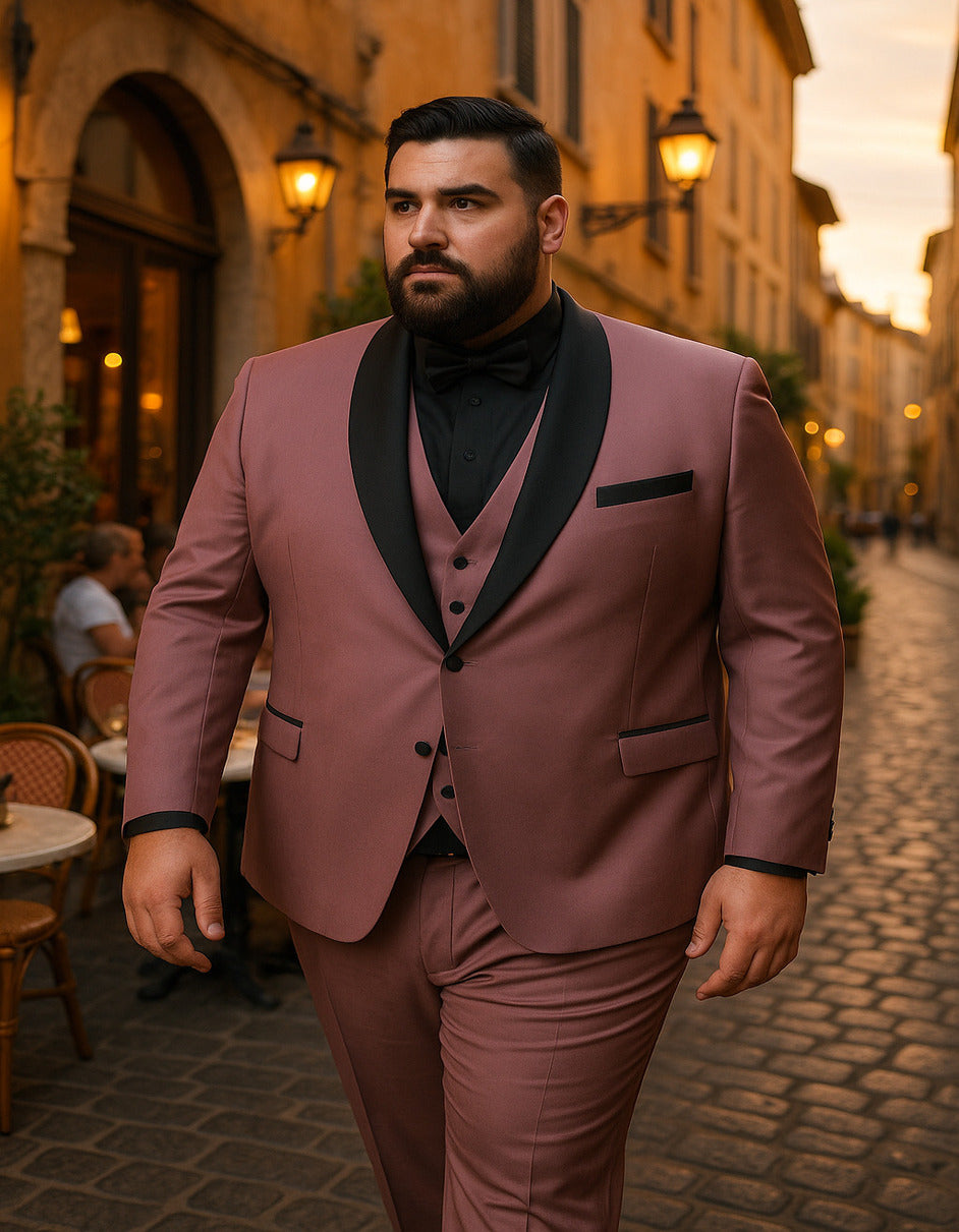 Men's Mauve Pink Tuxedo Suit – 3-Piece Slim Fit with Black Satin Shawl Lapel - 34 Short or Extra Small