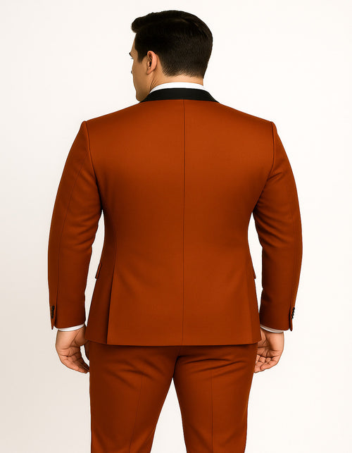 Men's Burnt Orange Tuxedo Suit â€“ 3-Piece Slim Fit with Black Satin Shawl Lapel