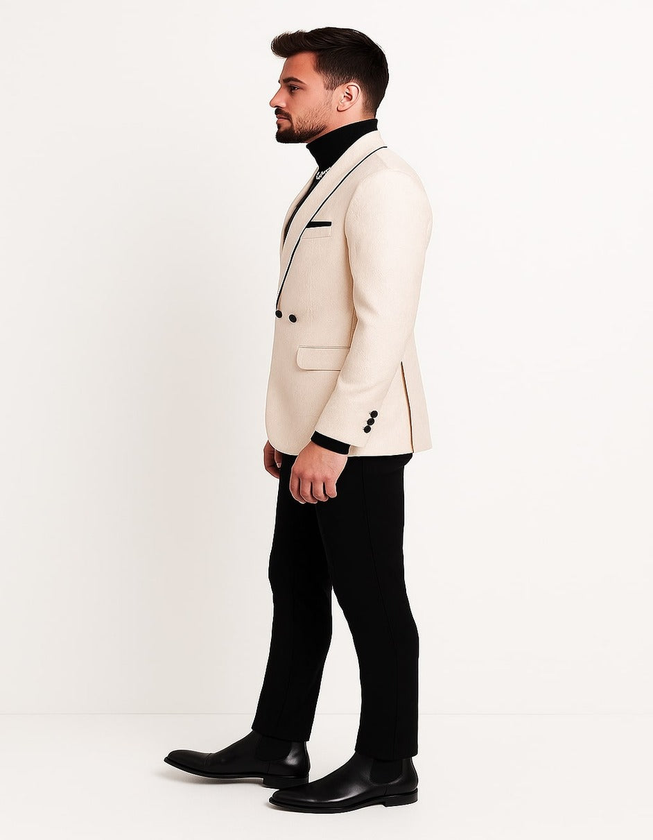 Men’s Cream Jacquard Double-Breasted Tuxedo with Black Trim – Formal Blazer for Weddings & Events Ivory Color - 34 Short or Extra Small