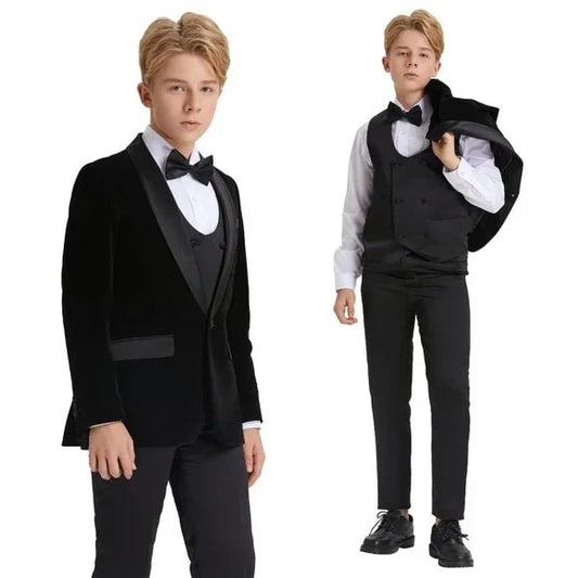 5pc Black Boys Velvet Tuxedo Includes Bowtie Slim Fit by Tazio