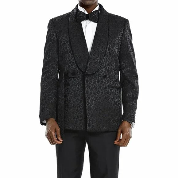 Knot Side Textured Paisley 2pc Tuxedo, Black - 38 Short Jacket+32 Waist Adjustable 28to34)(Height: 5 4 to5 7 )(Neck  15-16.5)S-M)