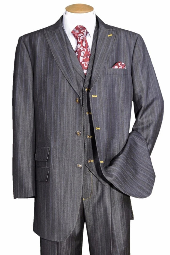 Cheap priced Suit  - Mens 3 Button Vested Peak Lapel Denim Black Suit