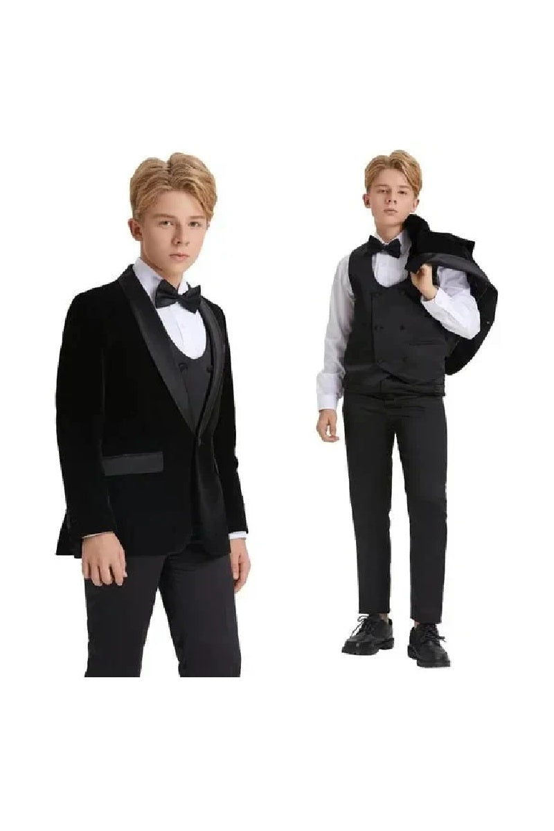 5pc Black Boys Velvet Tuxedo Includes Bowtie Slim Fit by Tazio