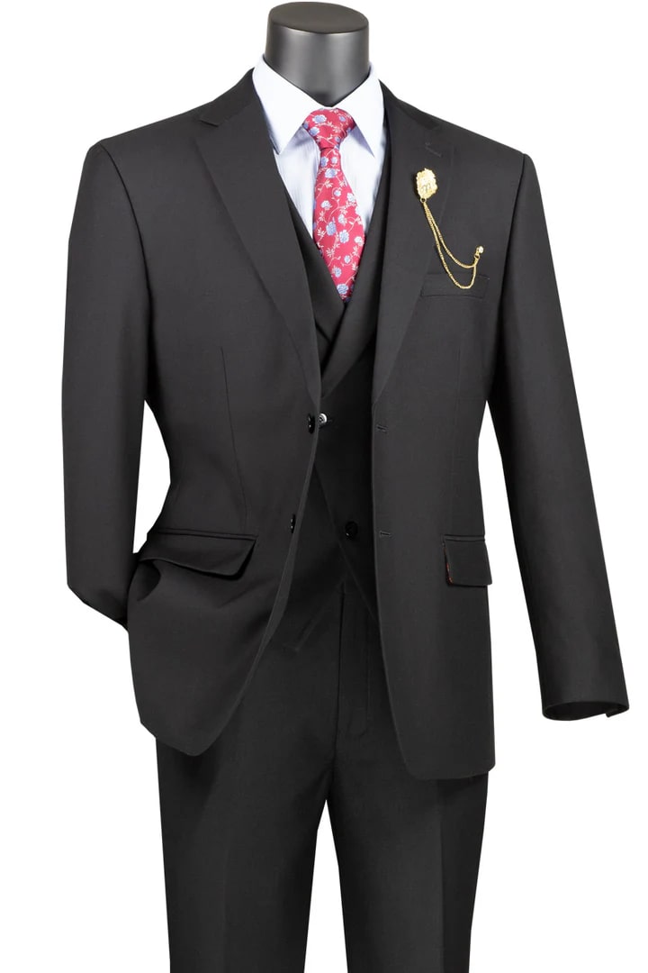 Cheap Suit - Mens 2 Button Modern Fit  Black Suit With Double Breasted Peak Lapel Vest