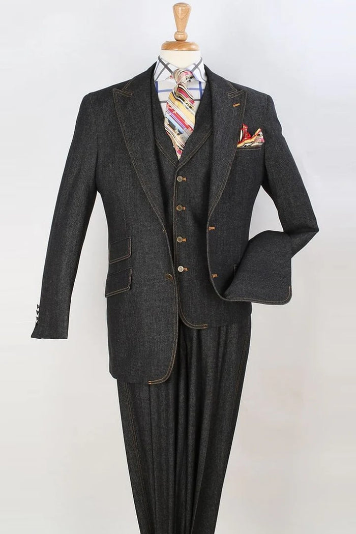 Cheap priced Suit - Mens Two Button Peak Lapel Vested Denim Black Suit