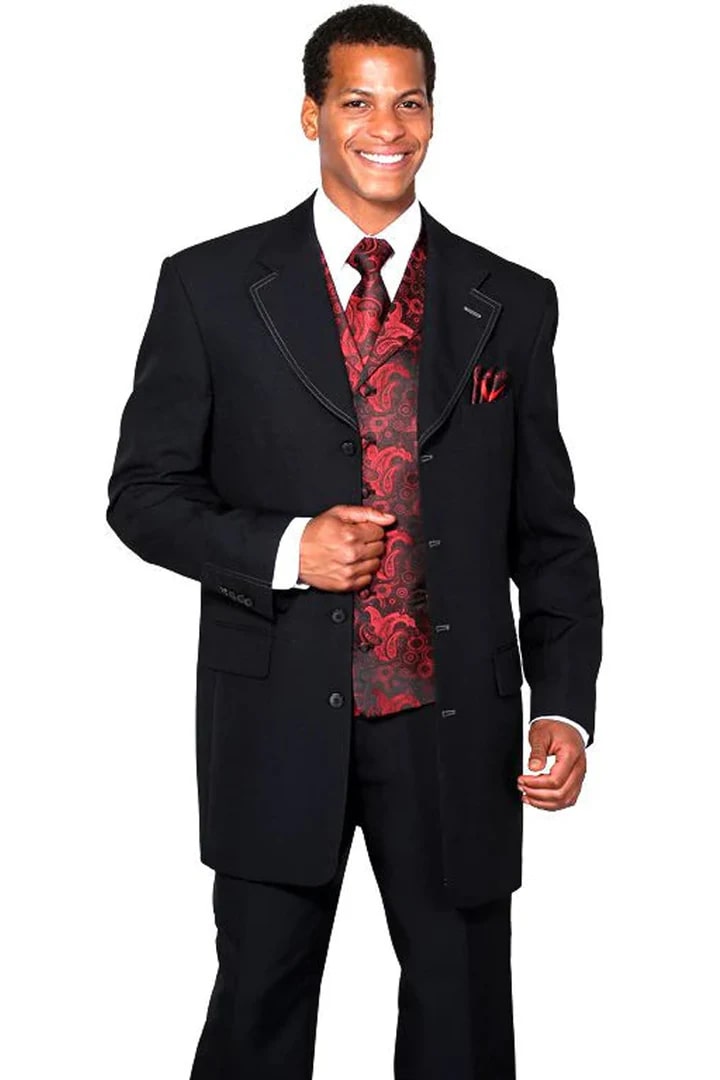 Cheap Suit - Mens 4 Button Long Vested Fashion Suit In Black With Red With Paisley Vest - 38 Short Jacket+32 Waist Adjustable 28to34)(Height: 5 4 to5 7 )(Neck  15-16.5)S-M)